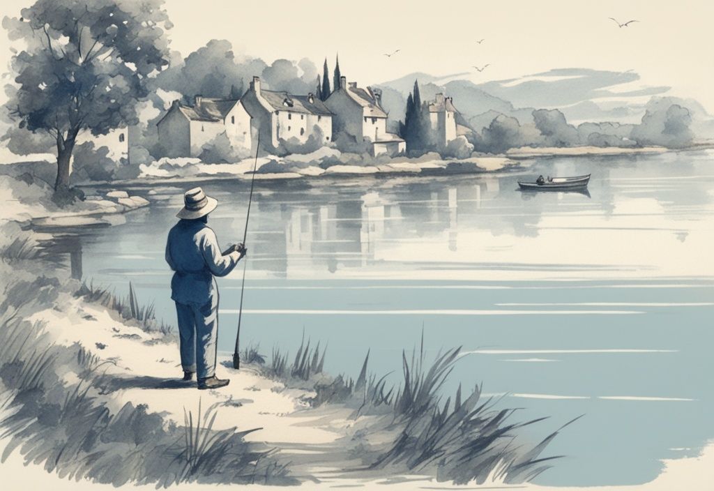 Vintage-Skizze: Person angelt in einem ruhigen französischen Dorf, angeln in Frankreich ohne Angelschein, Hauptfarbthema Blau.