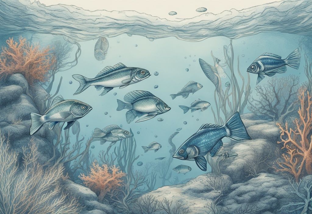 Vintage Illustration mit verschiedenen invasiven Fischarten, die ein ruhiges Unterwasser-Ökosystem stören, Hauptfarbton Blau.