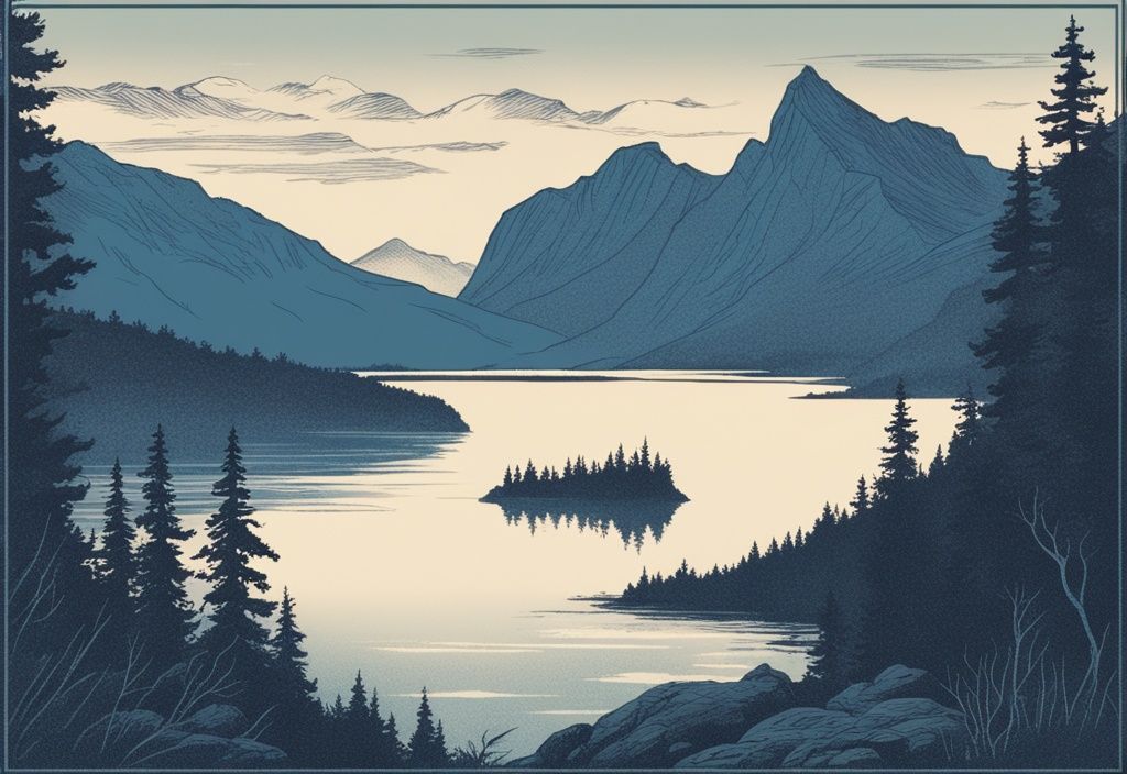 Vintage-Skizzenillustration einer norwegischen Landschaft bei Sonnenuntergang mit einer Mücke über einem klaren See, umgeben von üppigen Bergen und Bäumen, Hauptfarbthema Blau.
