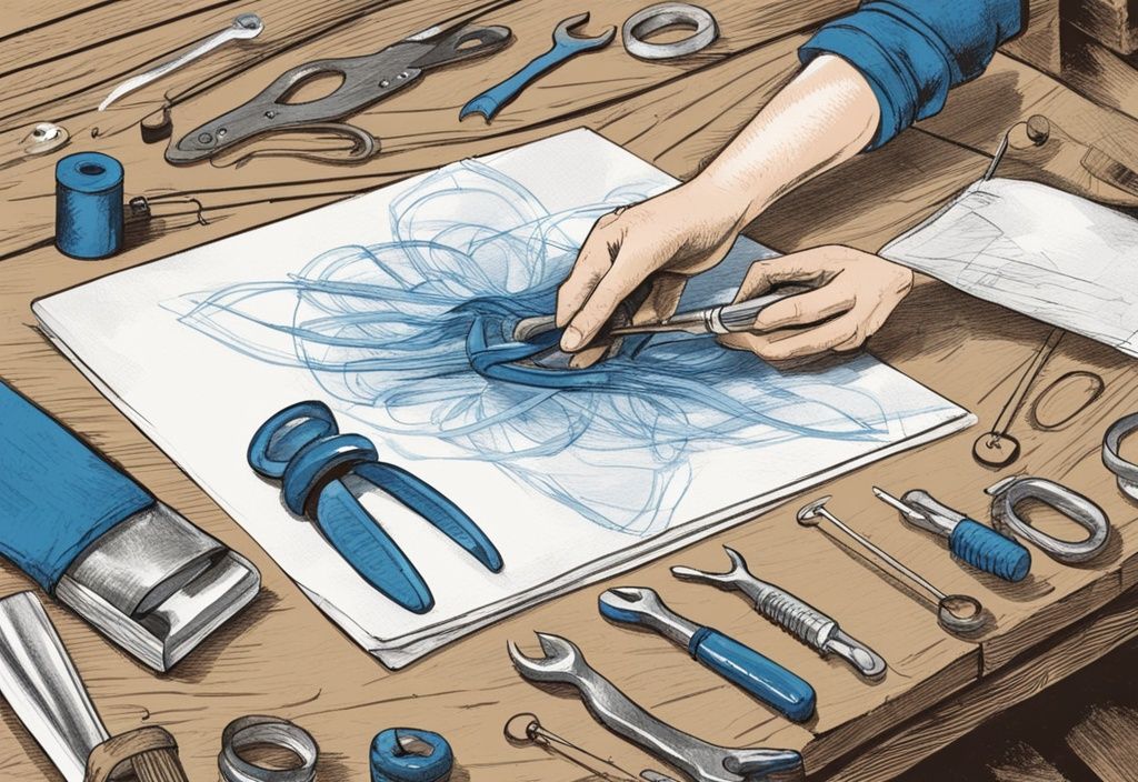 Vintage-Skizze in Blau: Hände arbeiten an DIY-Ösen-Set mit Werkzeugen auf rustikalem Holztisch.
