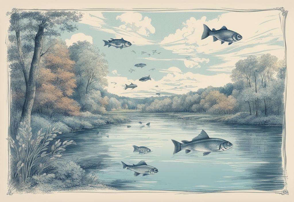 Vintage-Skizzenillustration einer idyllischen deutschen Flusslandschaft mit kristallklarem Wasser und einer vielfältigen Sammlung von lebhaft gefärbten Flussfischen Deutschland.
