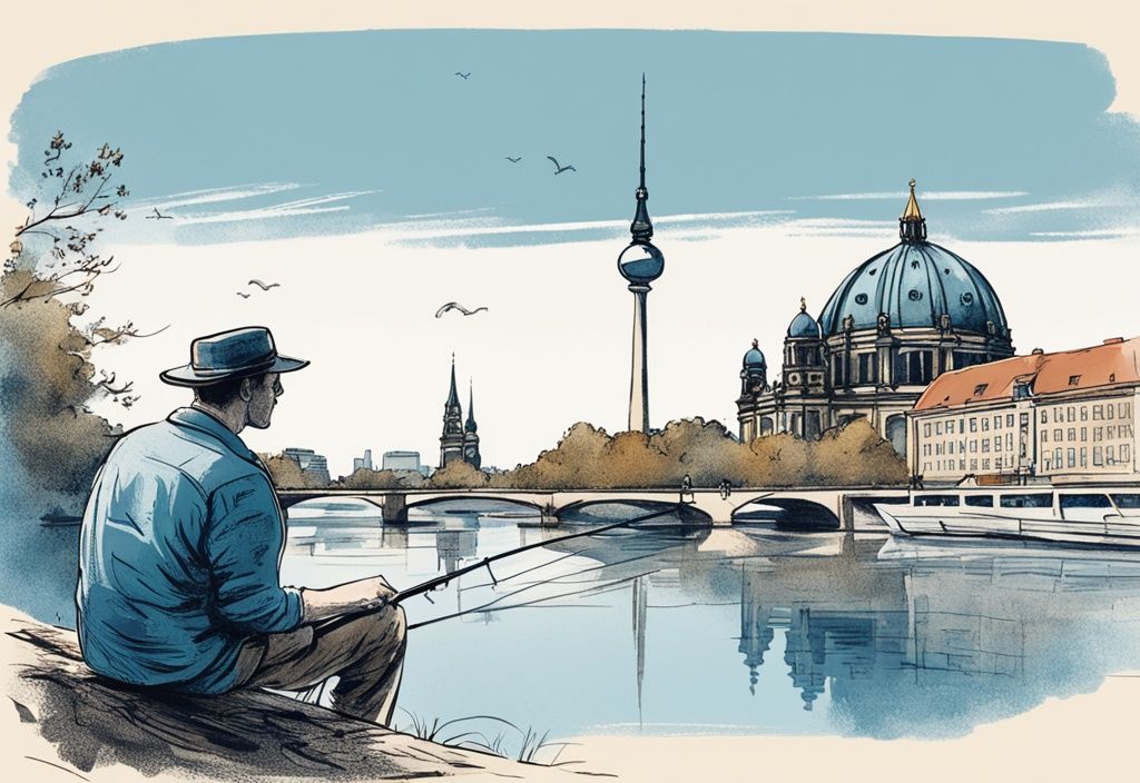 Vintage-Skizze eines Anglers an einem beliebten Berliner Angelplatz mit Wahrzeichen der Stadt im Hintergrund, Hauptfarbton Blau.