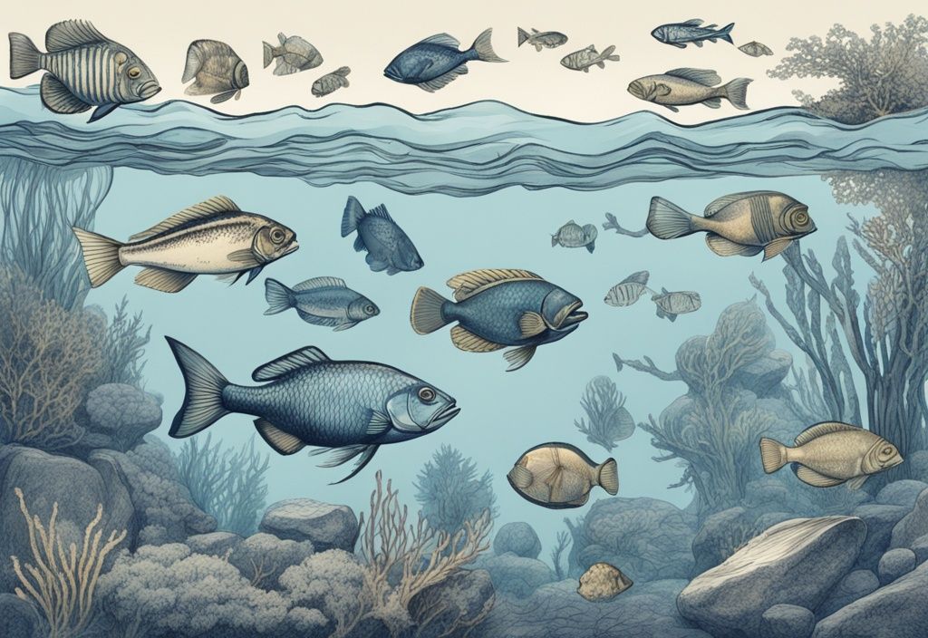 Vintage-Skizzenillustration von invasiven Fischarten, die ein ruhiges Unterwasserökosystem stören, Hauptfarbthema Blau.