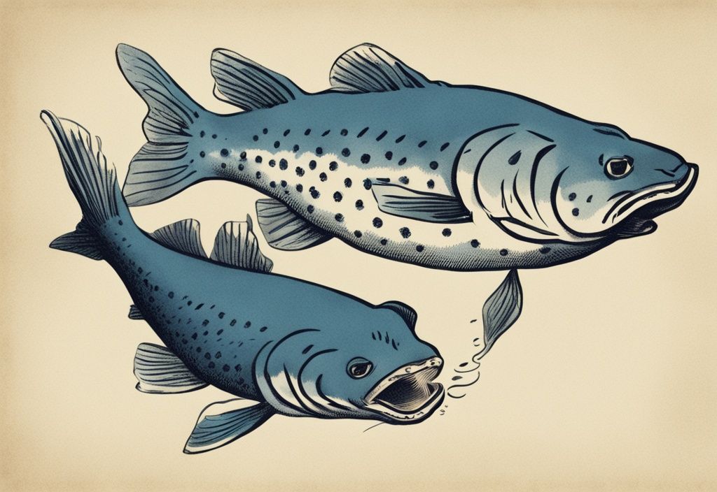 Vintage-Skizze eines Welses in Blau, Nahaufnahme beim Fressen eines kleineren Fisches.