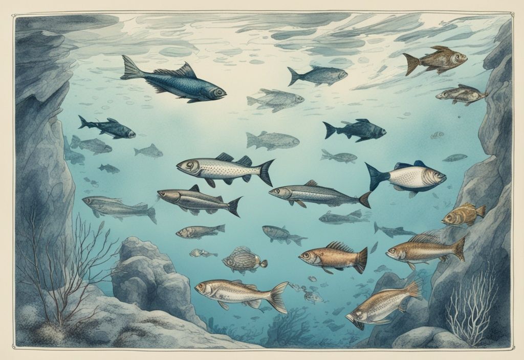 Vintage-Skizze mit blauen Farbtönen von Fischarten Norwegen, die in kristallklarem Wasser schwimmen.