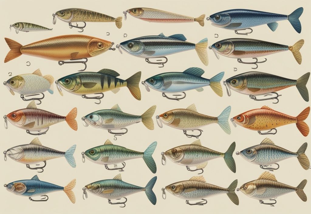 Vintage-Skizzenillustration von Top-Jerkbaits in Blau, lebendige Farben, einzigartiges Design, verschiedene Größen