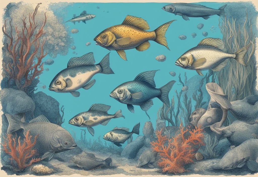 Vintage-Skizzenillustration von seltenen Fischarten in einem lebendigen Unterwasserökosystem, Hauptfarbe Blau.
