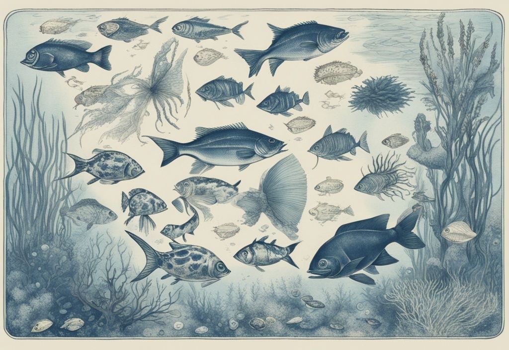 Vintage-Skizze einer Unterwasserszene in Blau, die zeigt, was Fische fressen: Plankton, kleinere Fische, Insekten und Pflanzenmaterialien.