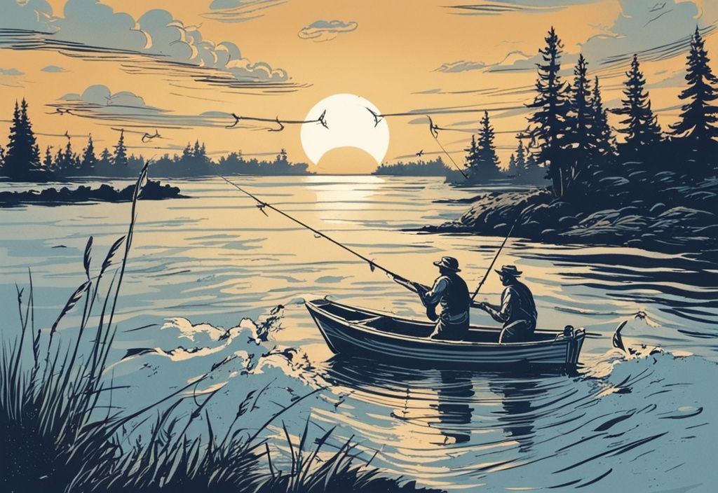 Vintage Illustration von Fischern auf einem Boot beim Angeln bei Sonnenaufgang, Fische springen aus dem Wasser.