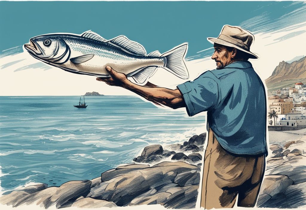 Vintage-Skizze eines lokalen Fischers, der an der Küste von Teneriffa einen großen Fisch hält, Angeln Teneriffa, klare blaue Gewässer im Hintergrund.