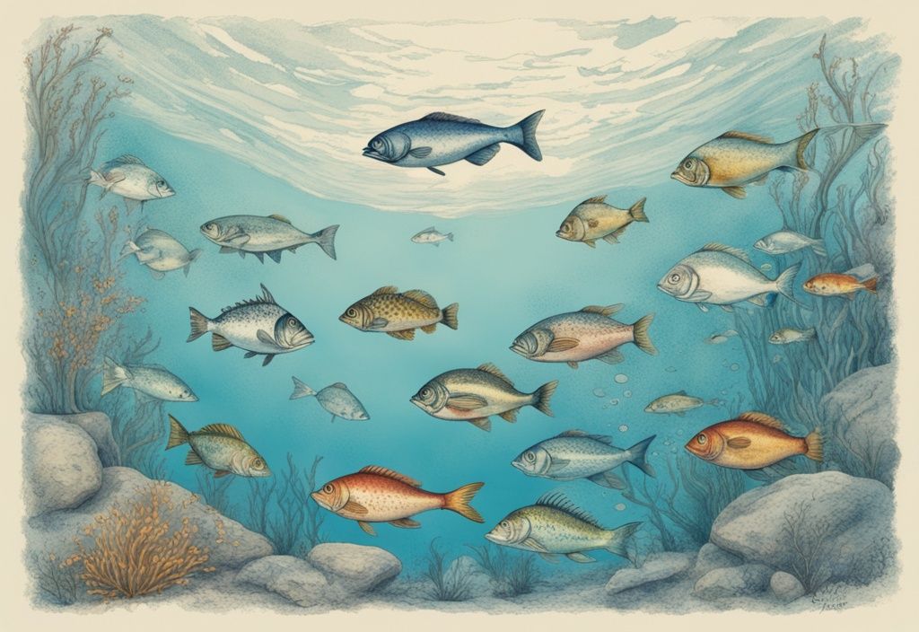 Vintage-Skizzenillustration von bunten, vielfältigen Fischarten im klaren blauen Wasser des Chiemsees