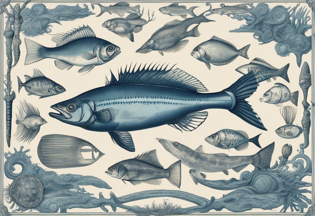 Vintage-Skizzenillustration von Fischen aus der Nordsee in Blau-Tönen