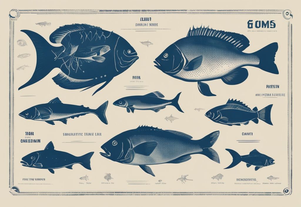 Vintage-Skizzenillustration in Blau mit Infografik, die Silhouetten und Namen aller Fischarten zeigt.