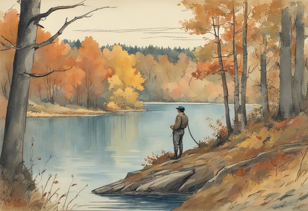 Vintage-Skizze: Fischer am ruhigen Seeufer, umgeben von bunten Herbstbäumen, fängt großen Hecht, Hauptfarbe Blau