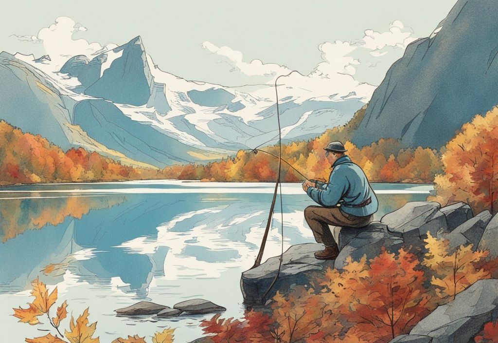 Vintage-Skizzenillustration eines Fischers, der in einem kristallklaren norwegischen Fjord angelt, umgeben von lebendigem Herbstlaub, Hauptfarbthema Blau