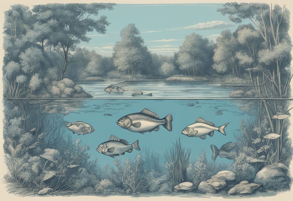 Vintage-Skizze von Fischarten Brandenburg in einem klaren See mit üppiger Vegetation, Hauptfarbthema Blau.