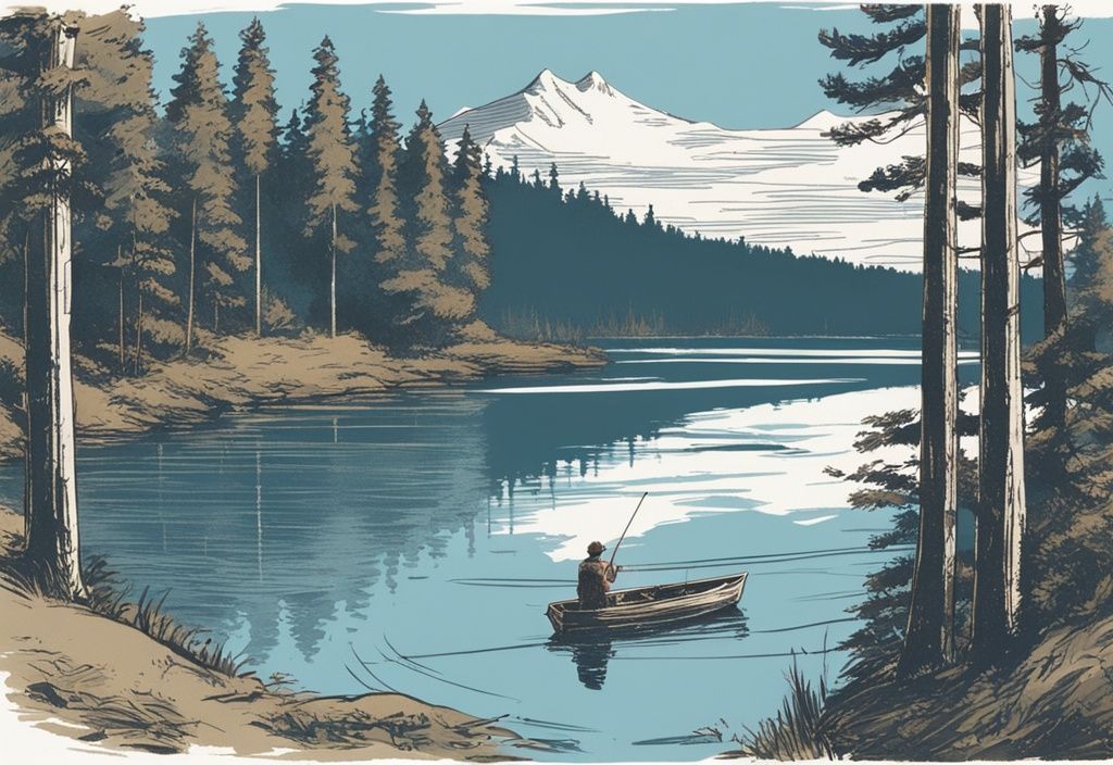 Vintage-Skizzenillustration eines Einzelreisenden beim Angeln an einem ruhigen See, umgeben von Wald und einem kleinen Campingplatz im Hintergrund, ideal für Angelreisen für Einzelreisende.