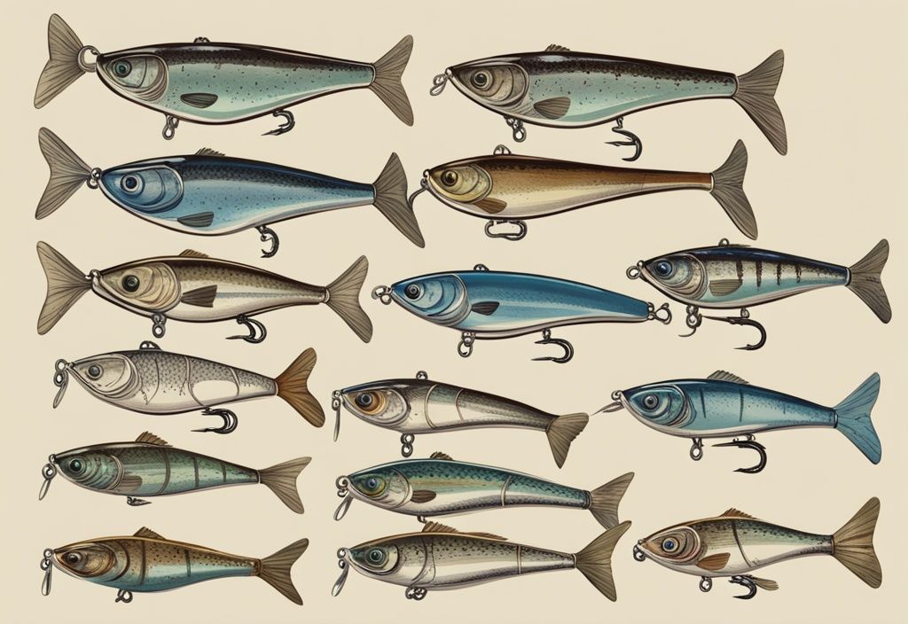 Vintage-Skizzenillustration von die besten Jerkbaits in verschiedenen Farben und Größen auf rustikalem Holzuntergrund, Hauptfarbthema Blau.
