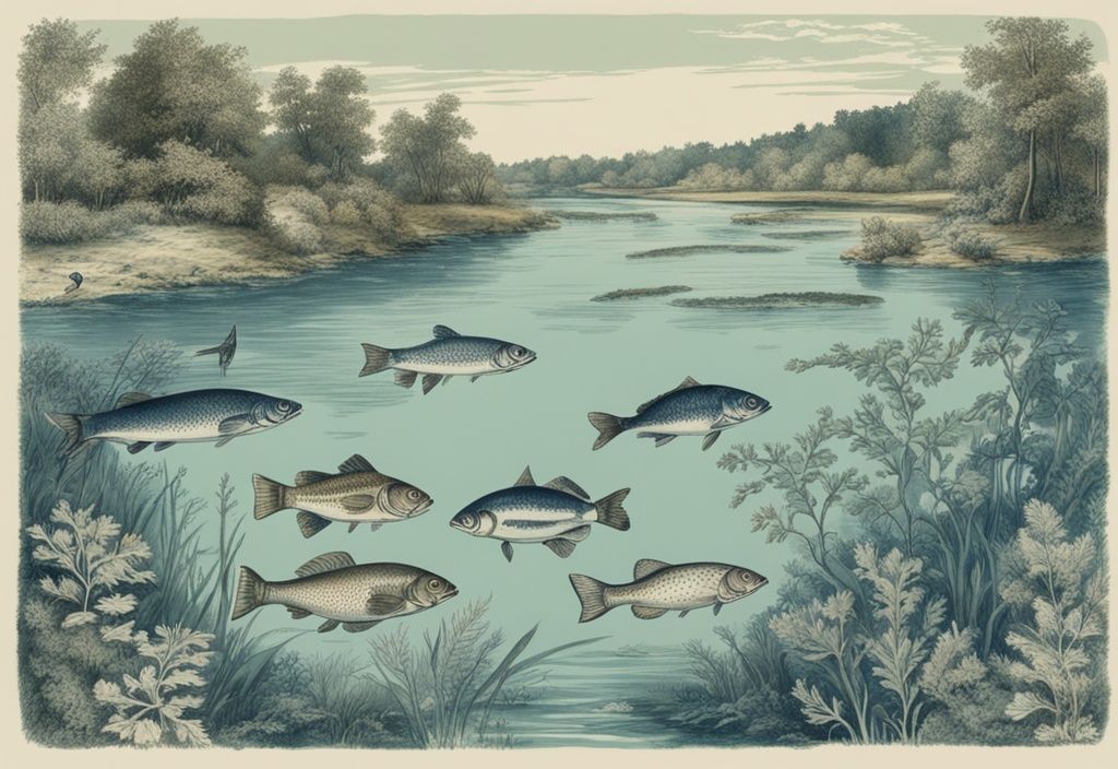 Vintage-Skizze mit blauer Farbgebung zeigt Fischarten Niedersachsen in einem klaren Fluss vor einer grünen Landschaft.