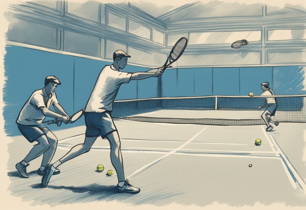 Vintage-Skizzenillustration in Blau, die Schritt-für-Schritt den Ablauf eines Drop-Shots mit Seitenarm im Tennismatch zeigt