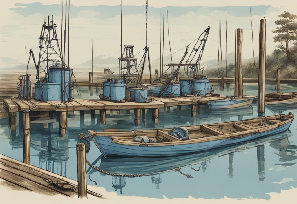 Vintage-Skizzenillustration von Montagen zum Aal angeln mit verschiedenen Ködern und Setups auf einem Holzsteg vor ruhigem Wasser im Hintergrund, Hauptfarbton blau.