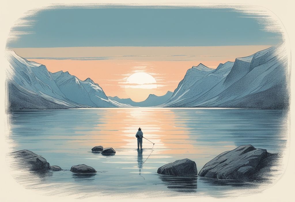 Vintage Skizze eines Anglers in einem klaren norwegischen Fjord bei Sonnenaufgang, Hauptfarbe Blau