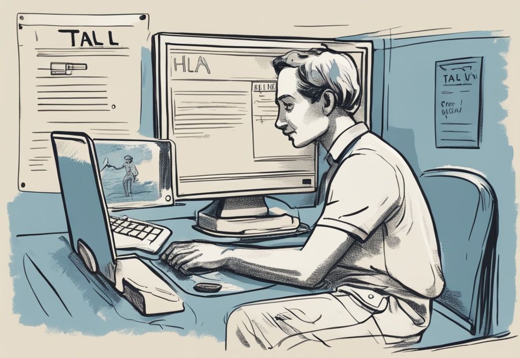 Vintage Illustration: Person am Computer kauft online einen Angelschein für Italien, Transaktion abgeschlossen, Hauptfarbe Blau.