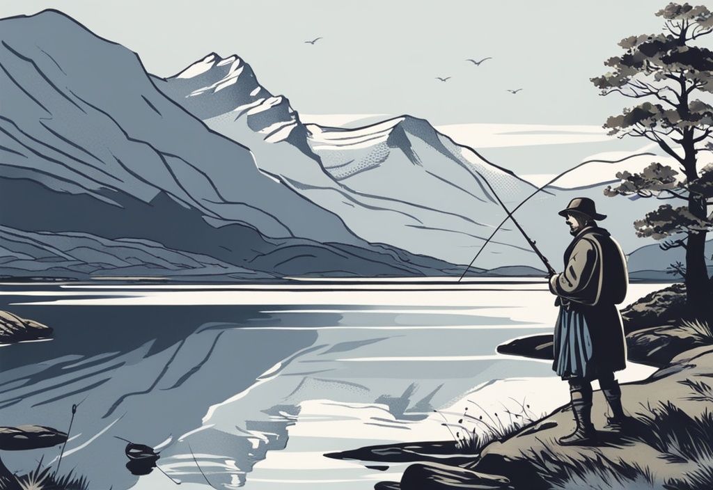 Vintage Zeichnung eines schottischen Fischers in traditioneller Kleidung am Loch mit Angelrute und atemberaubenden Highlands im Hintergrund, Hauptfarbton Blau.