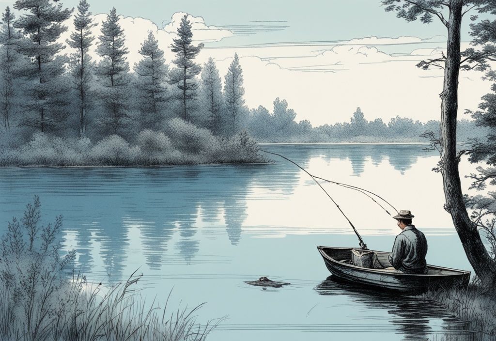 Vintage-Skizzenillustration eines Anglers am ruhigen See mit Schwimmerrute, der auf Karpfen wartet, in Blautönen.