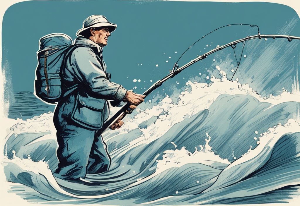 Vintage-Skizzenillustration eines Mannes in wasserfester Kleidung, der entschlossen in turbulenten Gewässern angelt, Hauptfarbthema Blau
