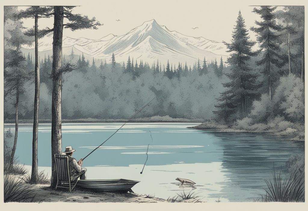 Vintage-Skizzenillustration eines ruhigen Sees, umgeben von dichten Bäumen, mit einer Person, die in einem Klappstuhl sitzt und eine Angel für Karpfen auswirft, sowie einem entspannten Camping-Setup. Perfekt für Karpfen Angelurlaub.