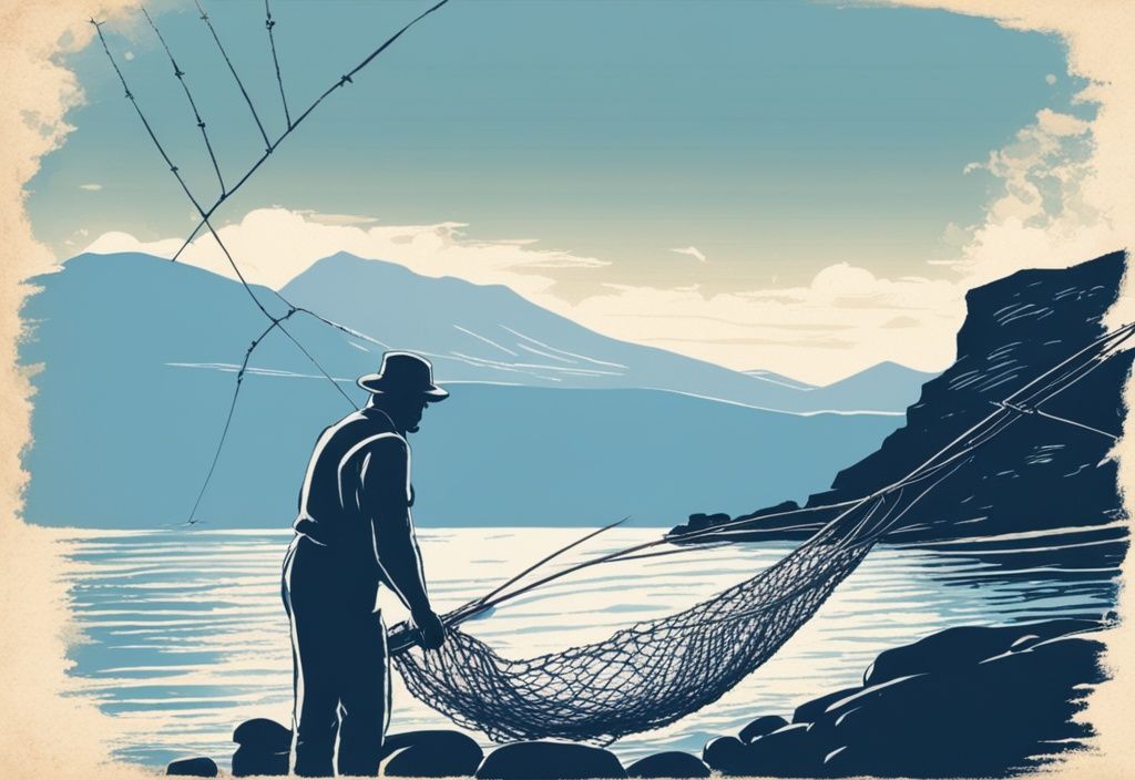 Vintage-Skizze eines Fischers in Teneriffa, der sein Netz mit frischem Fang einholt, vor einer sonnigen Landschaft in Blautönen.