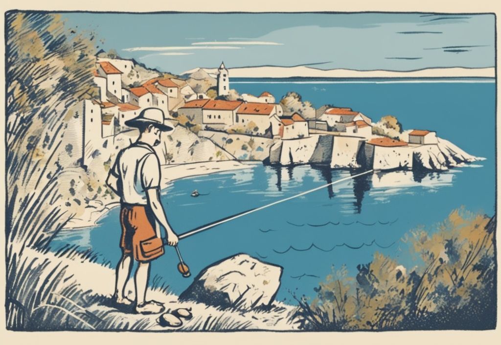 Vintage-Skizze eines glücklichen Anglers an der malerischen Küste Kroatiens mit Angelrute in der Hand, wo ein Schild zeigt, dass darf man in Kroatien angeln erlaubt ist.