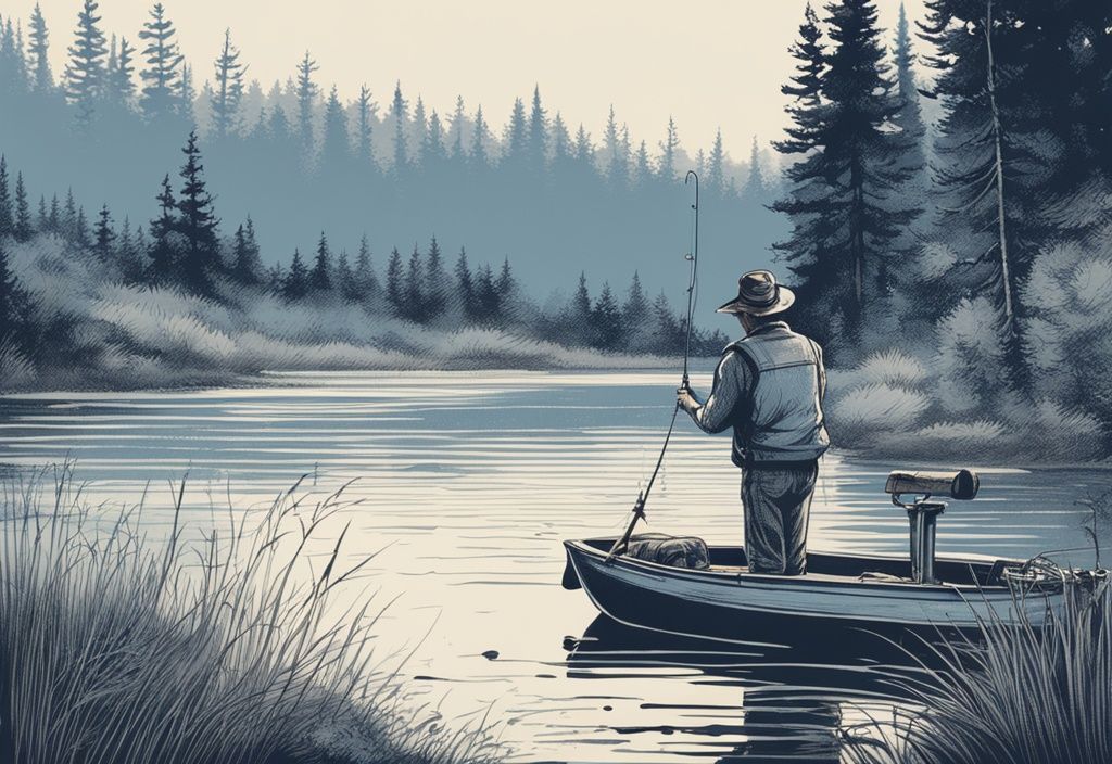 Vintage Skizze eines erstklassigen Angelruten-Designs vor einem ruhigen Fluss voller Forellen in Blau.