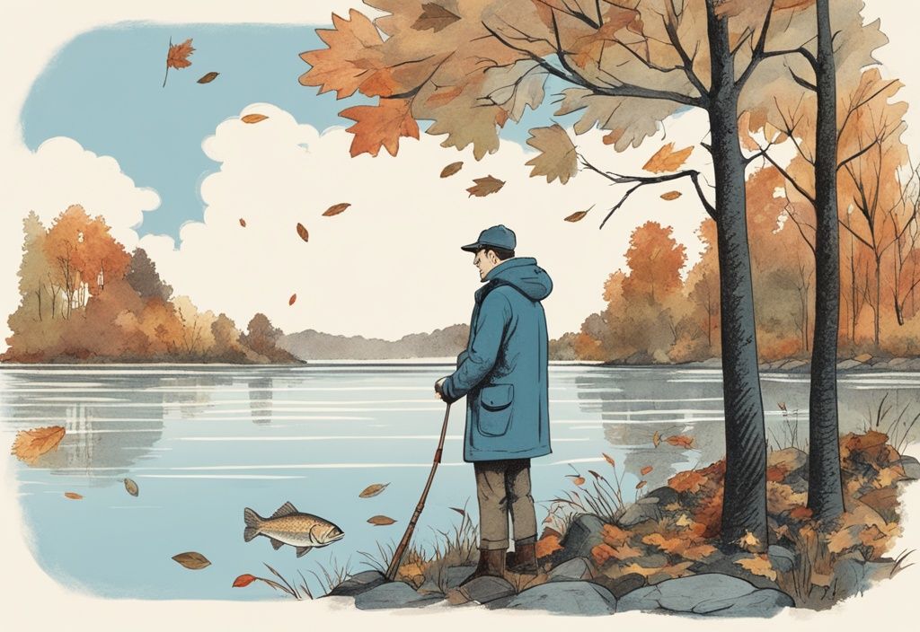 Vintage-Skizzenillustration eines Mannes beim Hechtangeln im Herbst an einem ruhigen See mit Herbstblättern, mit einem großen Hecht zu seinen Füßen.