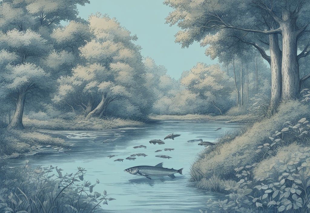 Vintage-Skizzenillustration von verschiedenen Flussfischarten in Deutschland, schwimmend in klaren, lebhaften Gewässern unter schattigem Grün der Flussuferbäume, Hauptfarbthema Blau.