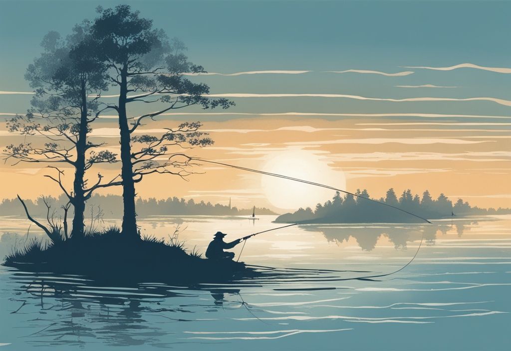 Vintage-Skizze eines Fischers, der bei Sonnenaufgang in den ruhigen Gewässern von Hitra angelt, beste Angelzeit auf Hitra.