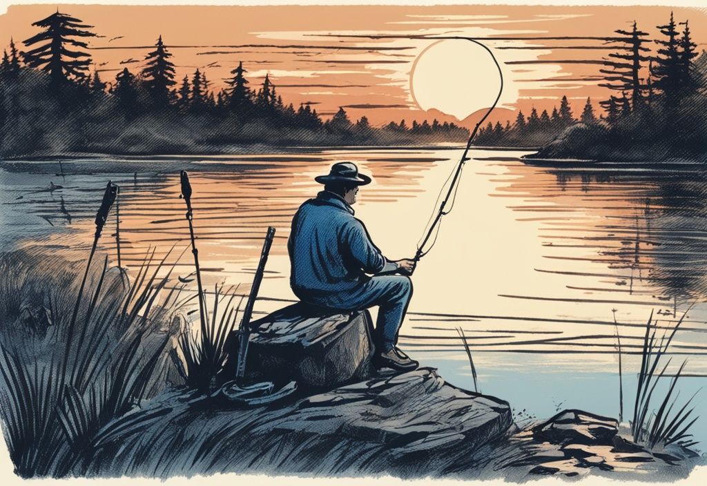 Vintage-Skizze eines Anglers am Flussufer mit Angelrute und Hufeisen für Glück, Sonnenaufgang im Hintergrund, was bedeutet Petri Heil.