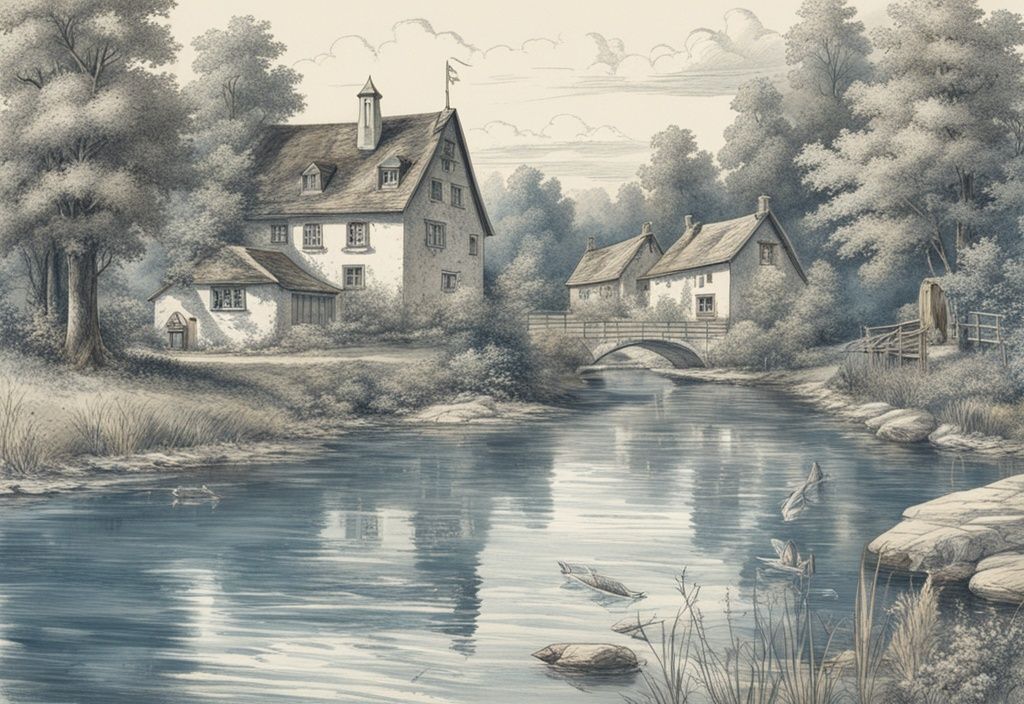 Vintage-Skizzenillustration einer idyllischen deutschen Flusslandschaft mit kristallklarem Wasser und einer vielfältigen Sammlung lebhaft gefärbter Flussfische Deutschland.