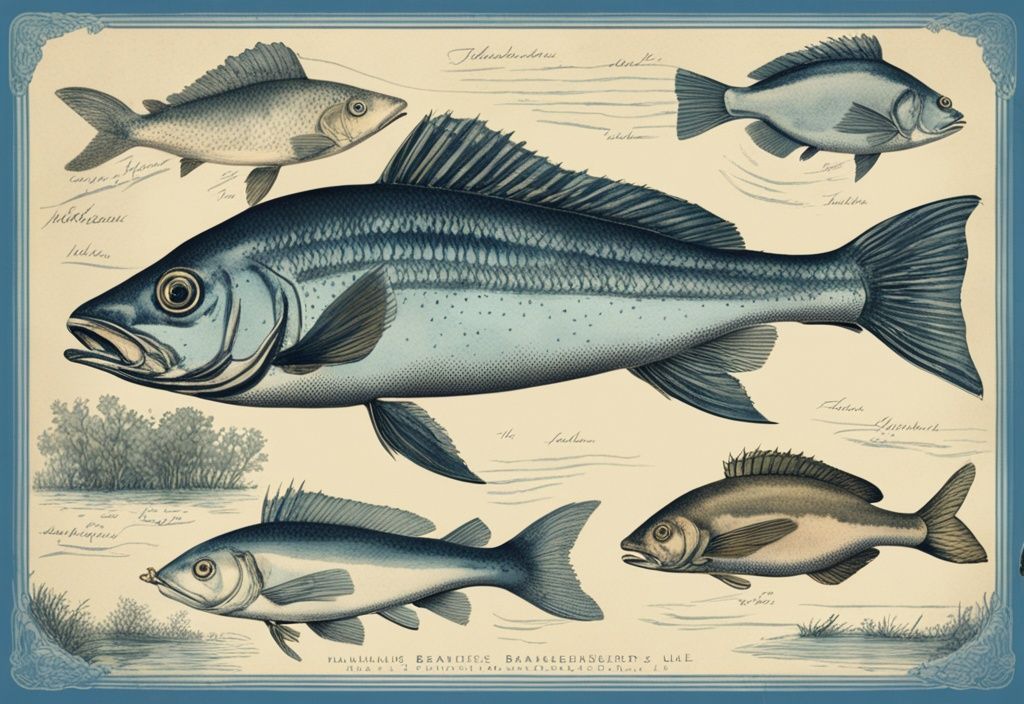 Vintage Illustration von Fischen aus Brandenburg in Blau-Tönen, mit Beschriftungen der jeweiligen Fischarten, schwimmend in lokalen Gewässern Brandenburgs