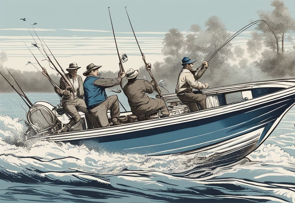 Vintage-Skizze eines intensiven Wettbewerbs professioneller Angler auf einem Boot, die ihre Angelruten präzise auswerfen. Ist Angeln eine Sportart?