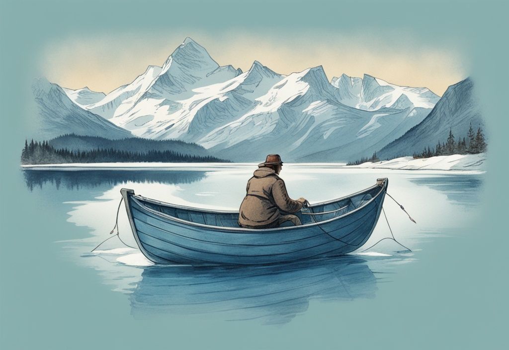 Vintage-Skizze eines Mannes beim Angeln in Norwegen auf einem kleinen Holzboot vor schneebedeckten Bergen im Hintergrund.