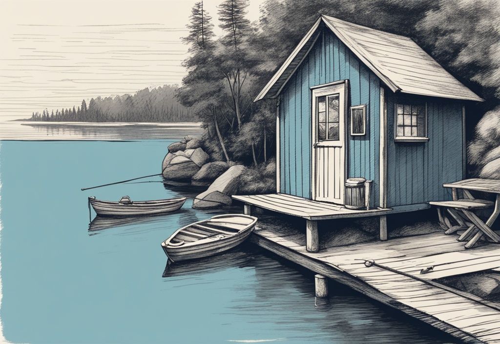 Vintage-Skizze eines ruhigen Fischerhütten am See mit einem 'Zu Vermieten' Schild an der rustikalen Tür, Hauptfarbe Blau
