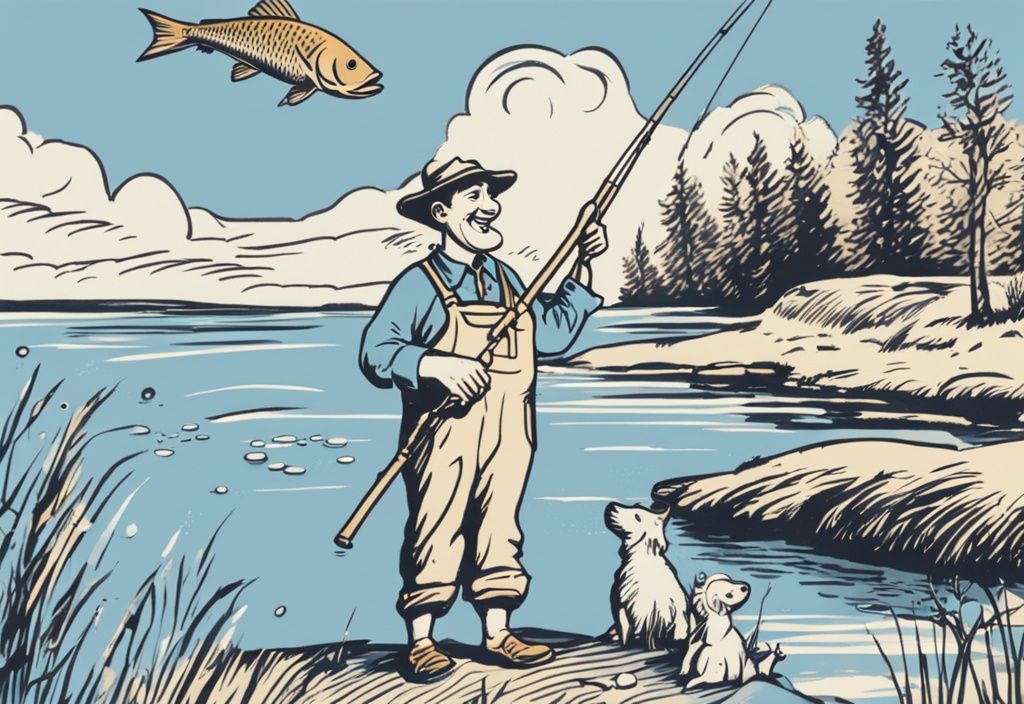 Fröhlicher Angler feiert Geburtstag am Fluss, hält Angelrute und Schild mit witzigem Geburtstagsspruch, vintage Skizze in Blau.