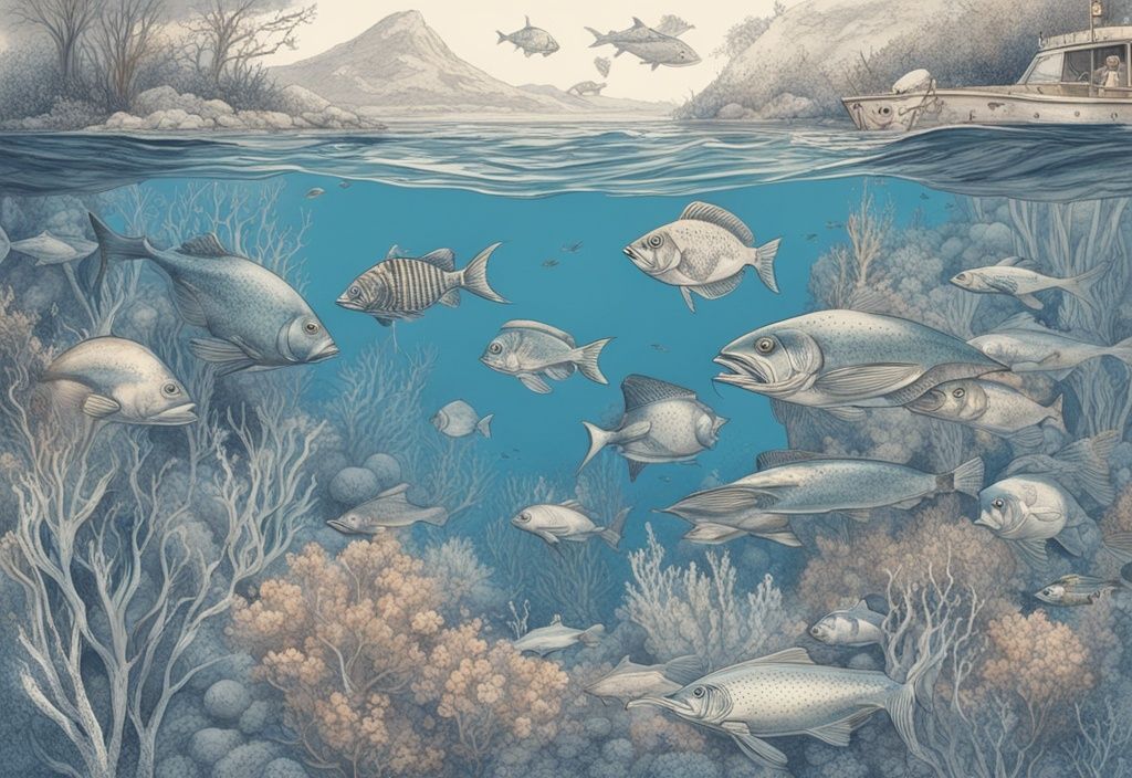 Vintage-Skizzenillustration eines lebendigen Unterwasserszenarios im Mittelmeer mit verschiedenen Fischarten, Hauptfarbe Blau.