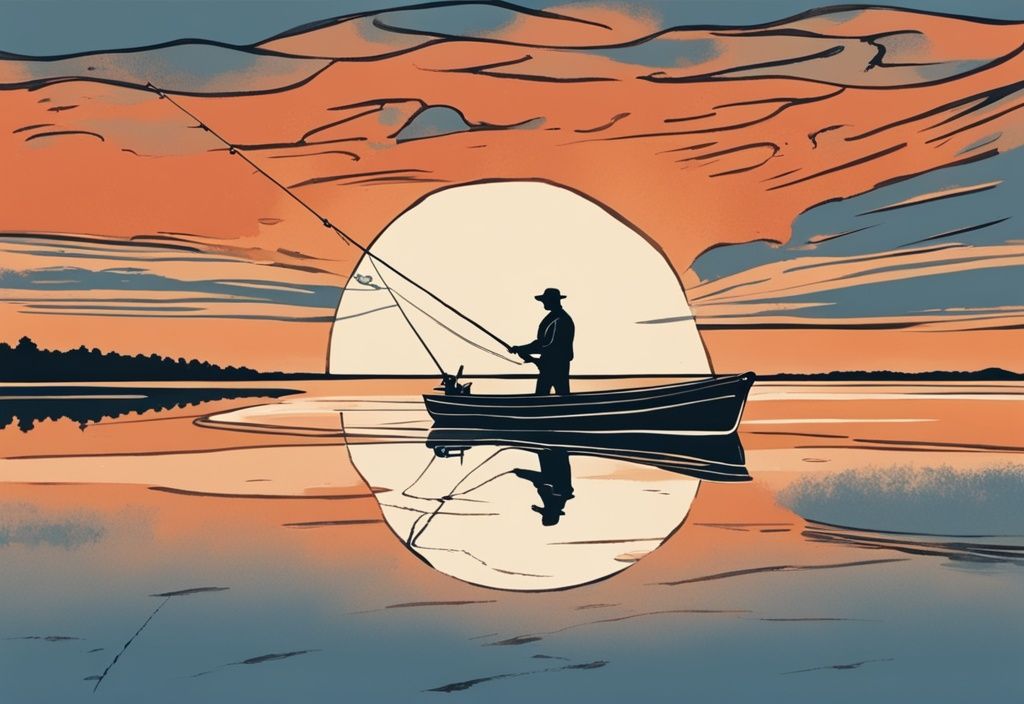 Vintage-Skizzenillustration eines Fischers, der bei Sonnenuntergang, der besten Zeit zum Angeln, seine Angel von einem Boot auf dem See auswirft, mit einem Himmel in Orange- und Rottönen.