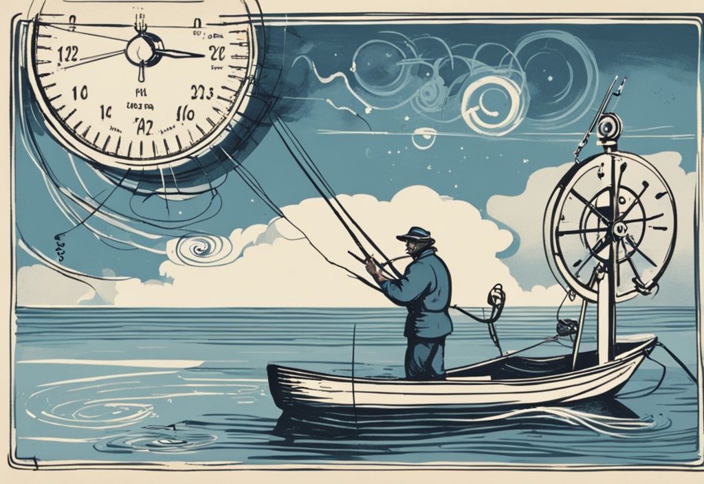 Vintage-Skizzenillustration eines Fischers auf einem Boot, der seine Angel auswirft, mit abstrakten Luftdrucksymbolen im Himmel und einem Barometer bei seiner Angelausrüstung – Luftdruck beim Angeln.