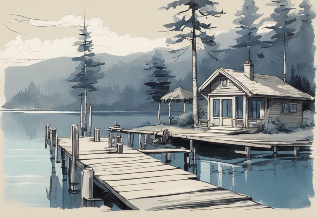 Vintage-Skizze eines blauen Bungalows am Seeufer mit Steg und Angelruten, die sich im ruhigen Wasser spiegeln