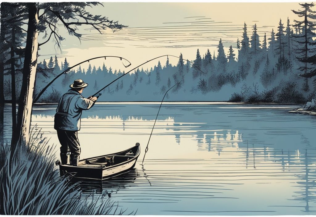Vintage-Skizzenillustration eines Anfängeranglers, der bei Morgendämmerung freudig eine Angelrute in einen ruhigen See wirft, Hauptfarbthema Blau.
