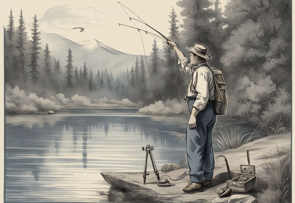Vintage-Skizze eines Anglers am ruhigen Fluss mit gefangenem Fisch und bleifreiem Angelzubehör in blauem Farbschema